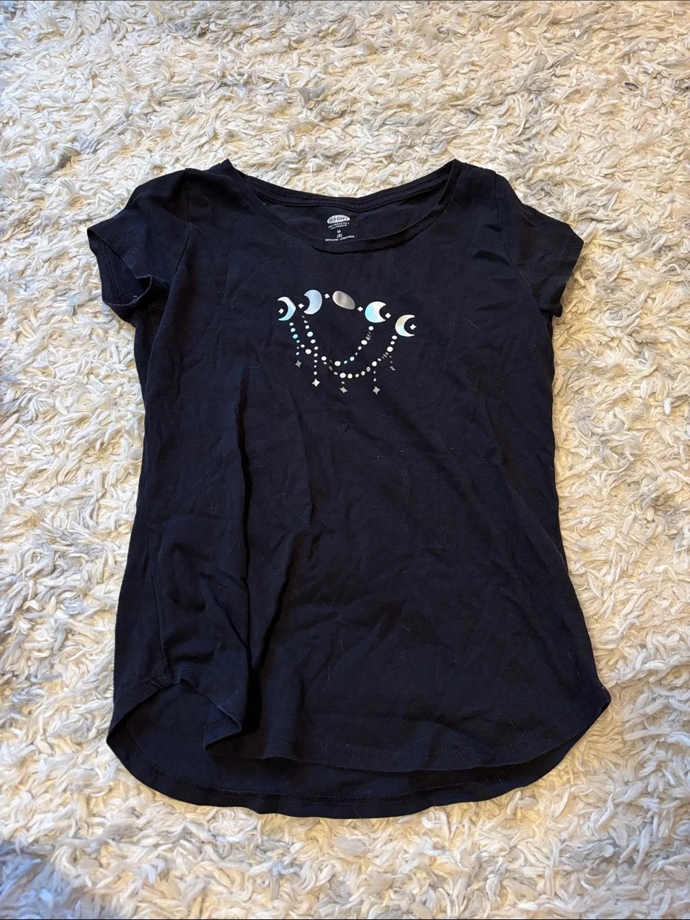 Homemade moon phases with stars on black old navy tee